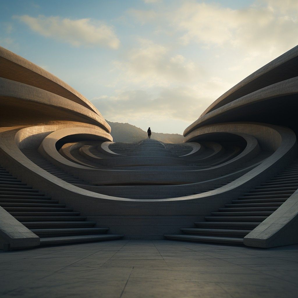 Aerial view of a sculptural concrete amphitheatre with cascading steps, a single figure standing at the rim.