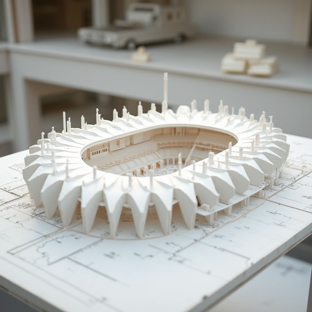 An architectural model of a stadium-like structure sitting on top of detailed plan drawings.