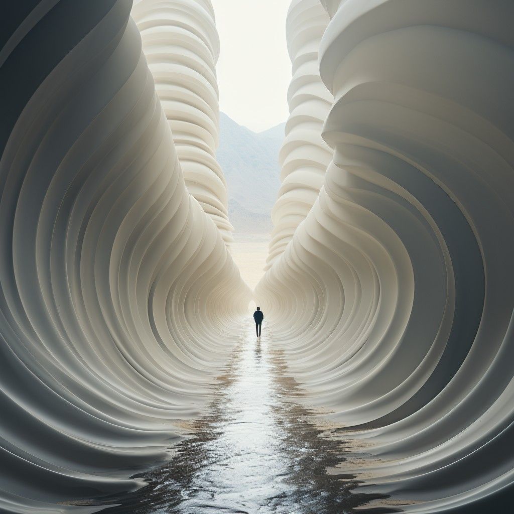 A monumental sequence of layered white sculptural forms framing a single distant figure.
