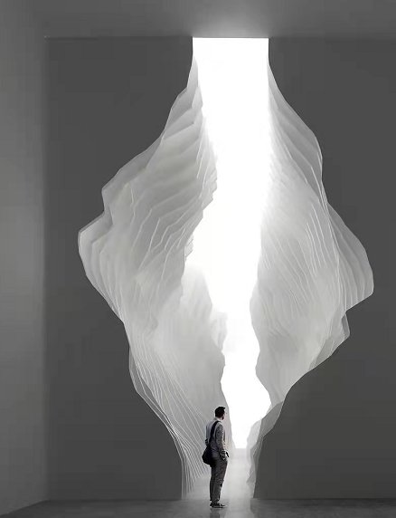 A figure standing inside a luminous white sculptural portal, suggesting a transformational interior space.